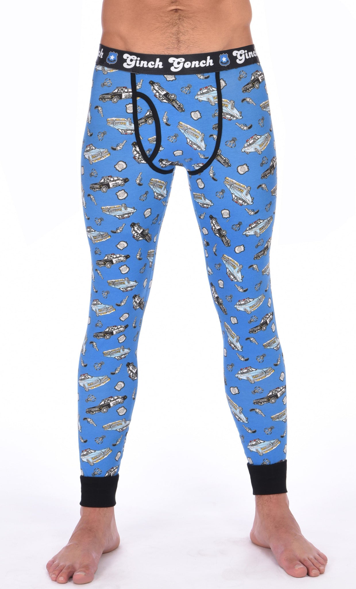 Ginch Gonch GG Patrol long john legging men's long underwear y front blue fabric with cop cars, badges, hand cuffs, and guns. Black trim and black printed waistband front. 