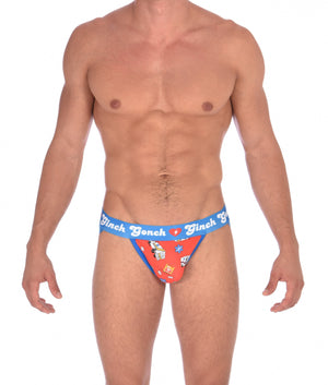 Ginch Gonch GG EMT jock men's ambulance print with medical symbol and equipment on red background with blue trim and printed waistband front