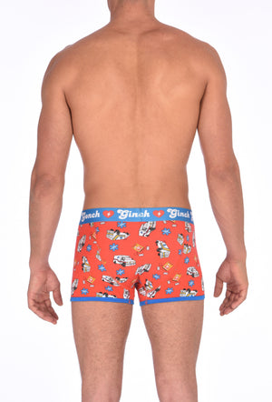 Ginch Gonch GG EMT Boxer Brief trunk ambulance print with medical symbol and equipment on red background with blue trim and printed waistband back