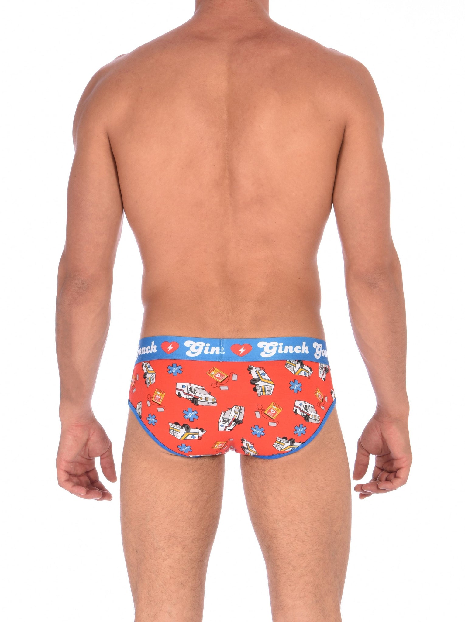 Ginch Gonch GG EMT low rise Brief men's ambulance print with medical symbol and equipment on red background with blue trim and printed waistband back
