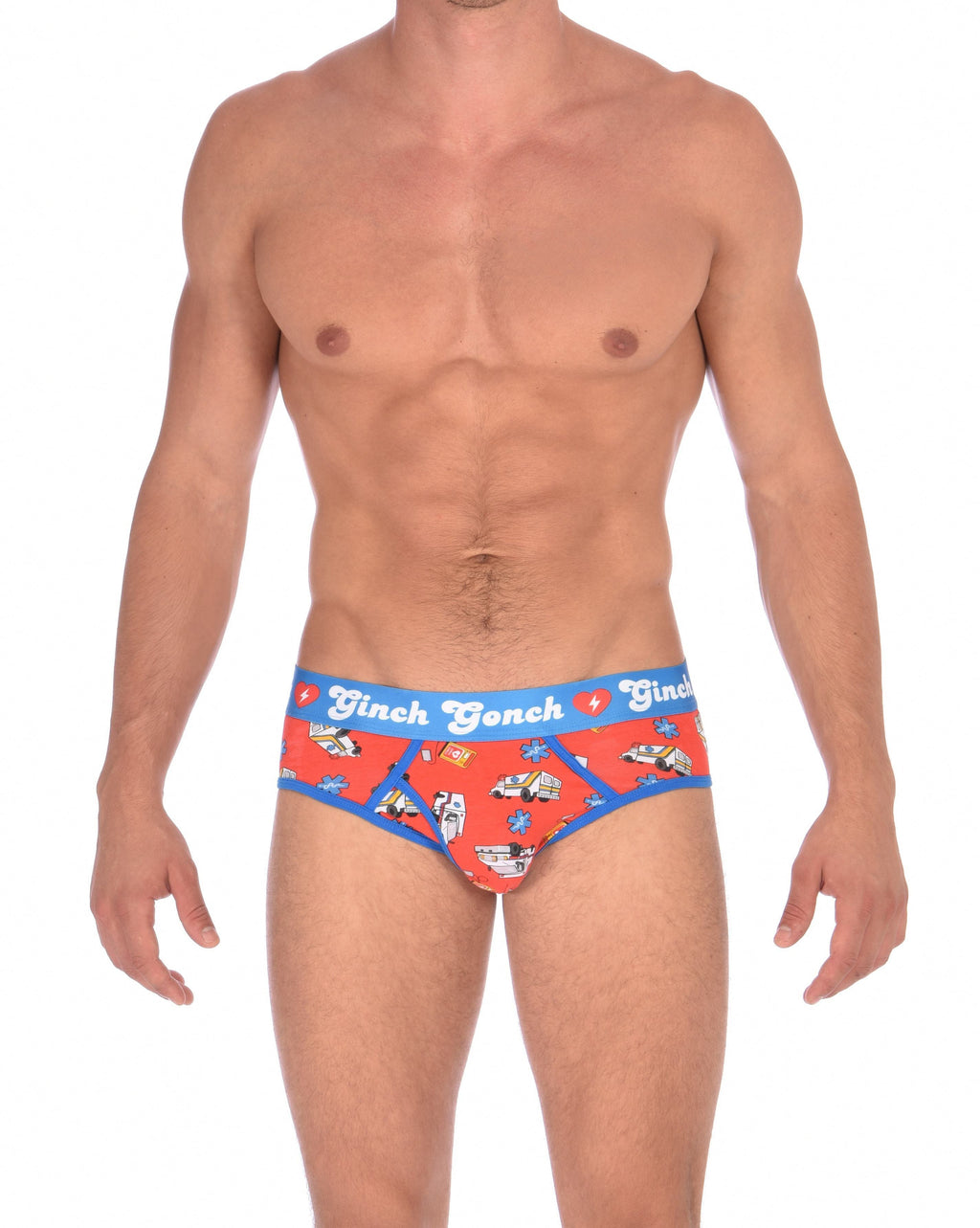 Ginch Gonch GG EMT low rise Brief men's ambulance print with medical symbol and equipment on red background with blue trim and printed waistband front