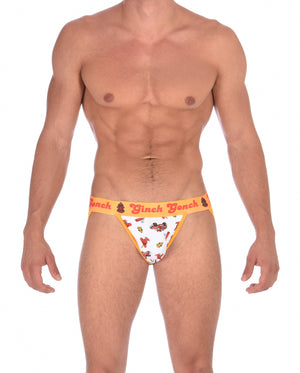Ginch Gonch GG Fire Fighters Jock strap mens underwear white fabric with fire engines hats and hydrants, yellow trim and yellow printed waistband front
