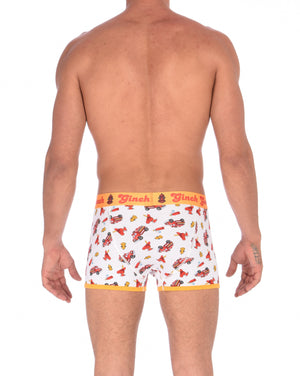Ginch Gonch GG Fire Fighters Boxer Brief mens boxer brief trunk underwear white fabric with fire engines hats and hydrants, yellow trim and yellow printed waistband back
