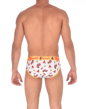 Ginch Gonch GG Fire Fighters Low Rise Brief mens y front underwear white fabric with fire engines hats and hydrants, yellow trim and yellow printed waistband back