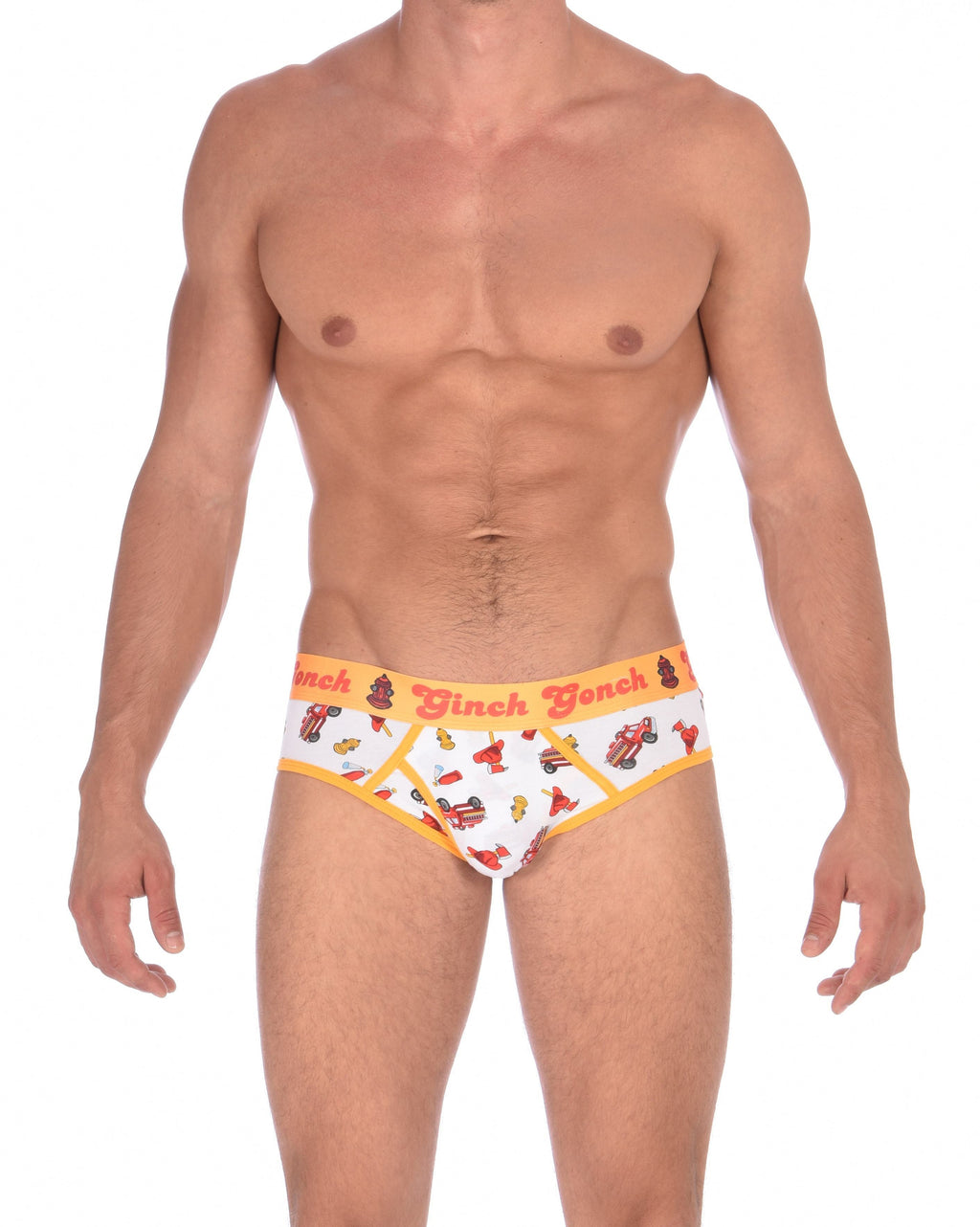 Ginch Gonch GG Fire Fighters Low Rise Brief mens y front underwear white fabric with fire engines hats and hydrants, yellow trim and yellow printed waistband front