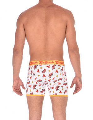 Ginch Gonch GG Fire Fighters Boxer Brief mens boxer brief trunk underwear white fabric with fire engines hats and hydrants, yellow trim and yellow printed waistband back