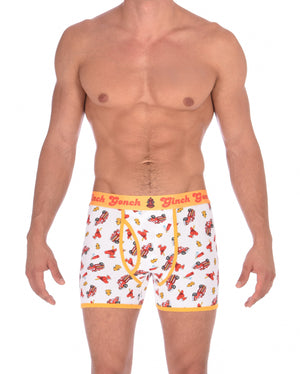 Ginch Gonch GG Fire Fighters Boxer Brief mens boxer brief trunk underwear white fabric with fire engines hats and hydrants, yellow trim and yellow printed waistband front