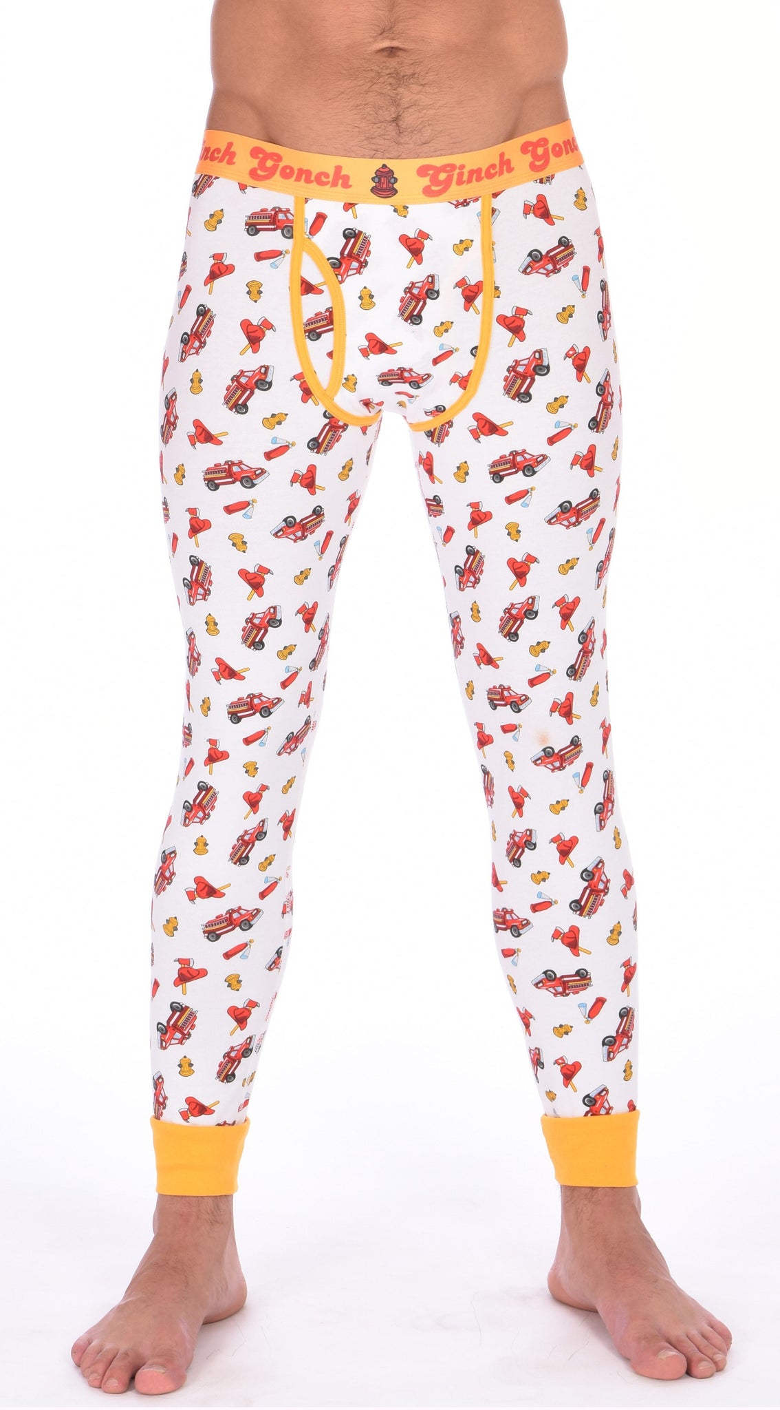 Ginch Gonch GG Fire Fighters long johns leggings mens underwear y front white fabric with fire engines hats and hydrants, yellow trim and yellow printed waistband back