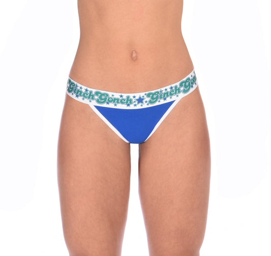 ginch gonch blue lagoon women's thong underwear blue fabric with white trim printed thick waistband with ginch gonch logo and stars in blue and green front