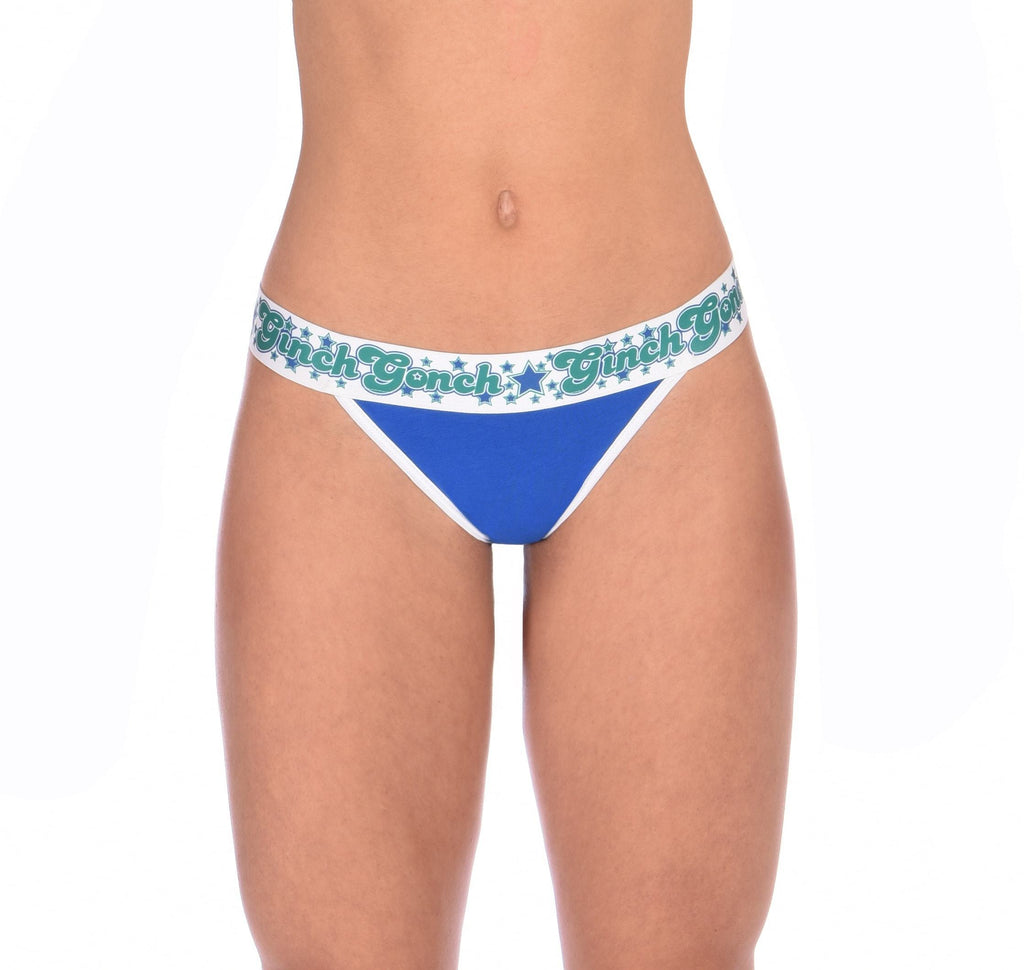 ginch gonch blue lagoon women's thong underwear blue fabric with white trim printed thick waistband with ginch gonch logo and stars in blue and green front