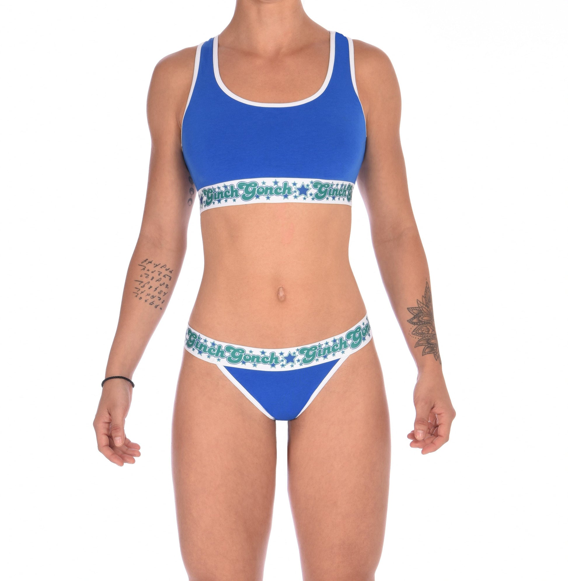 ginch gonch blue lagoon women's thong underwear blue fabric with white trim printed thick waistband with ginch gonch logo and stars in blue and green front shown with matching sports bra
