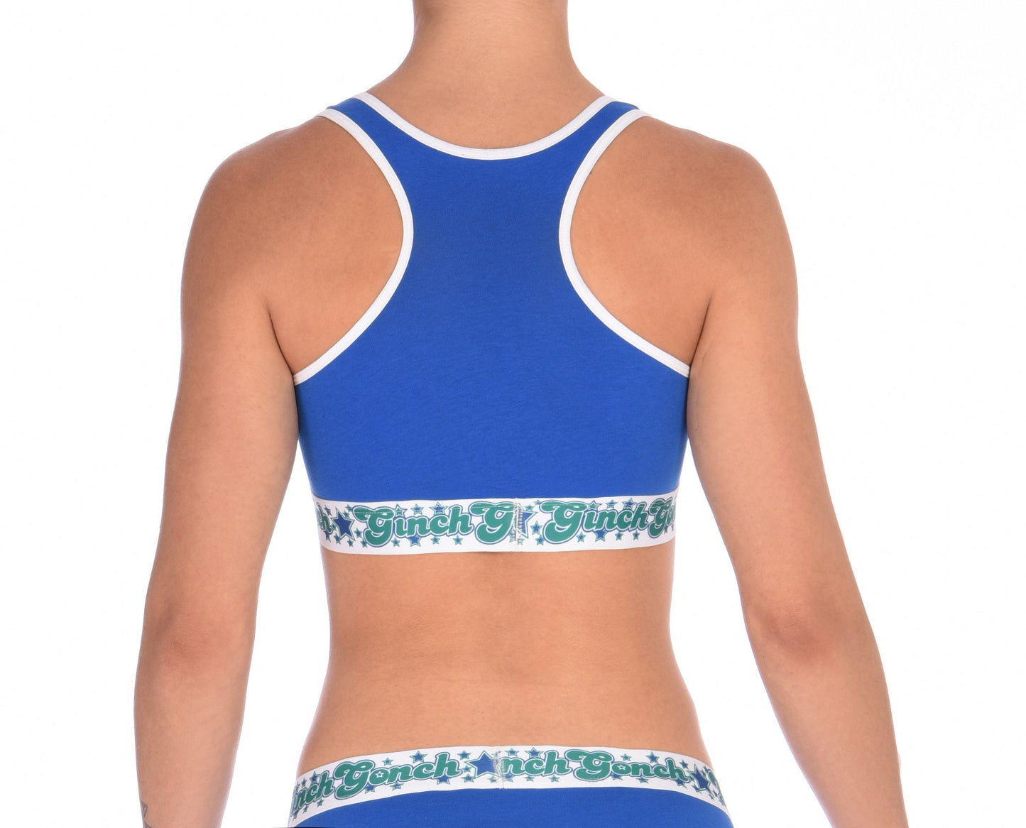 ginch gonch blue lagoon women's sports bra blue fabric with white trim printed thick band with ginch gonch logo and stars in blue and green back