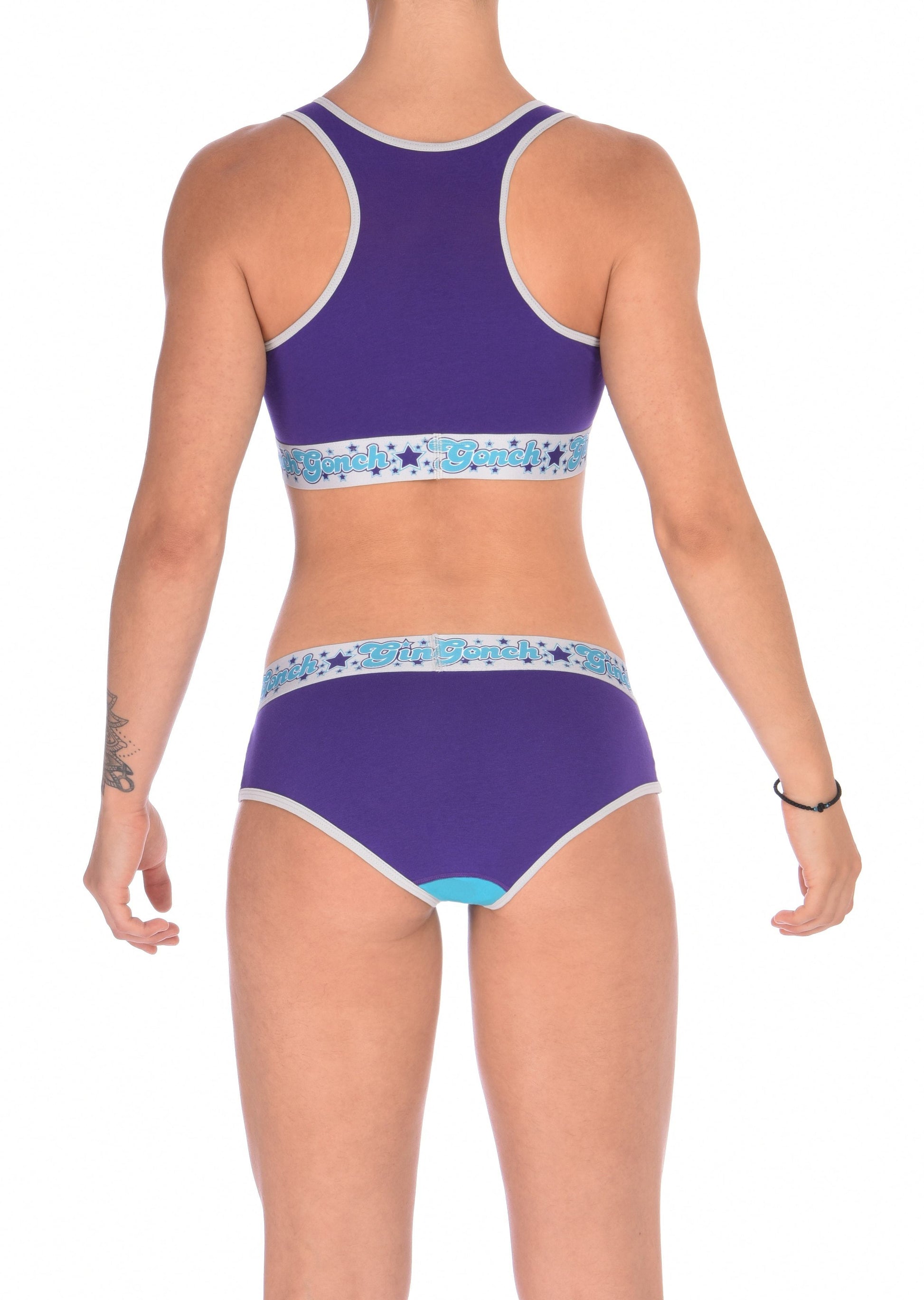 GG Ginch Gonch Purple Haze Low Rise boy cut Brief y front - Women's Underwear purple and aqua panels with grey trim and silver printed waistband back shown with matching sports bra 