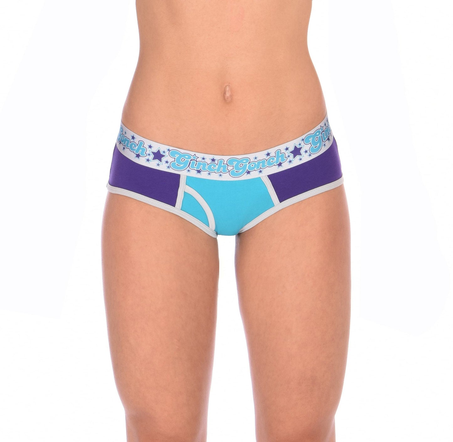 GG Ginch Gonch Purple Haze Low Rise boy cut Brief y front - Women's Underwear purple and aqua panels with grey trim and silver printed waistband front 