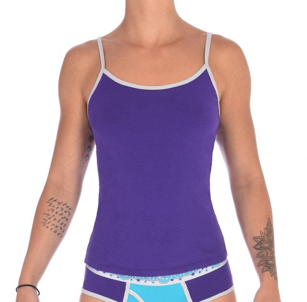 GG Ginch Gonch Purple Haze Sports Bra - Women's Underwear purple fabric with grey trim and straps front