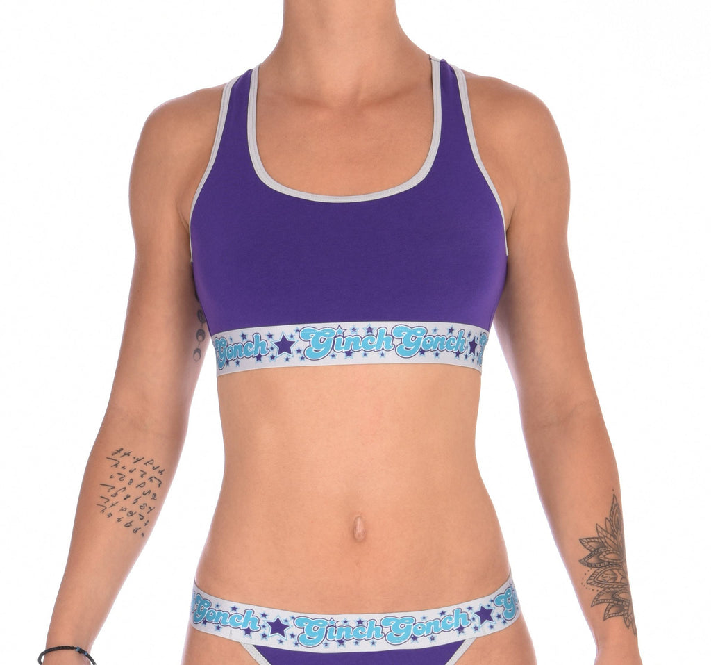 GG Ginch Gonch Purple Haze Sports Bra - Women's Underwear purple fabric with grey trim and silver printed band front 