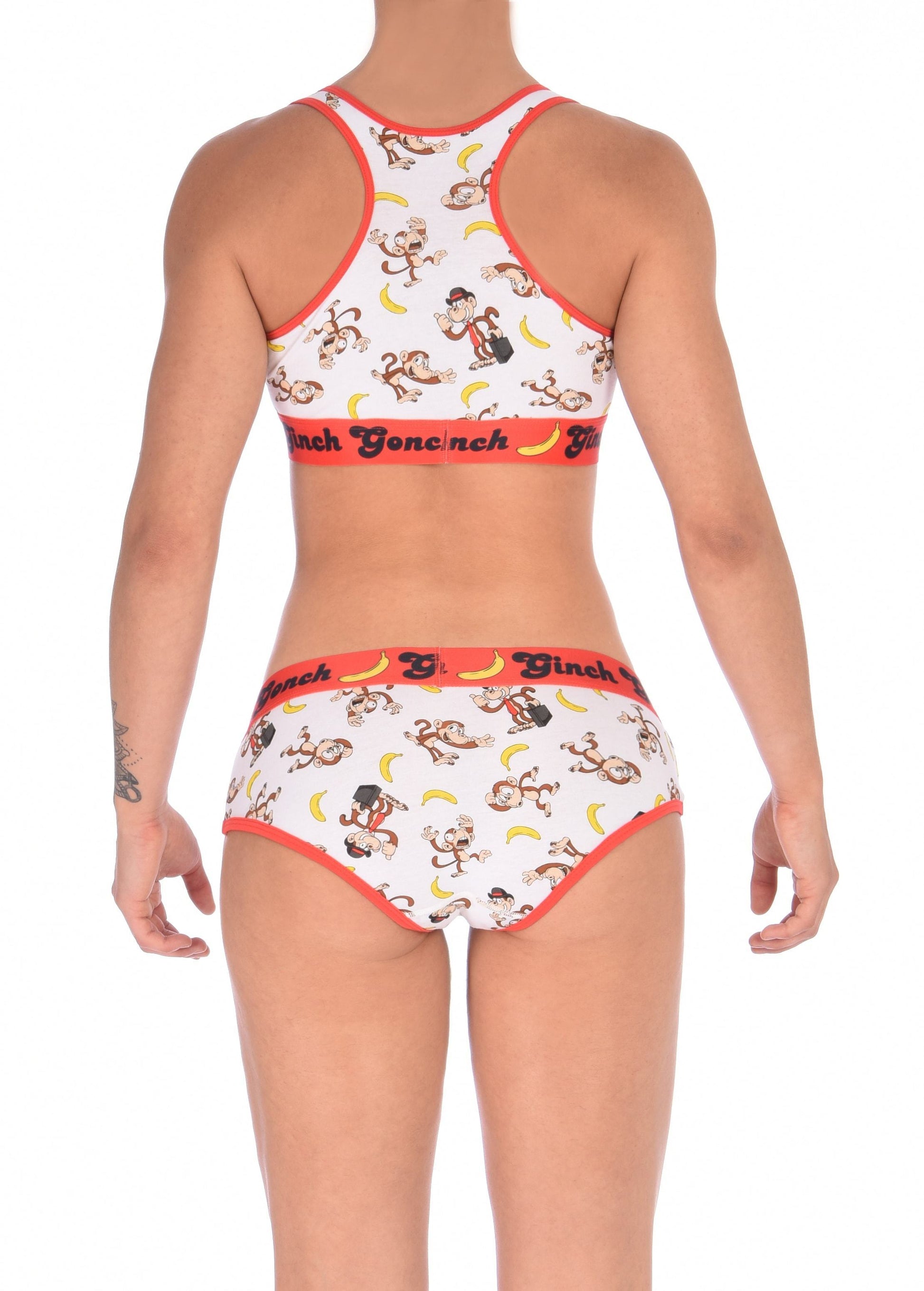 GG Ginch Gonch Gone Bananas boy cut Brief women's underwear y front white fabric with monkeys and bananas red trim and red printed waistband back shown with matching sports bra