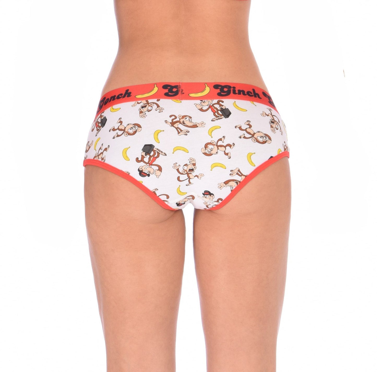 GG Ginch Gonch Gone Bananas boy cut Brief women's underwear y front white fabric with monkeys and bananas red trim and red printed waistband back