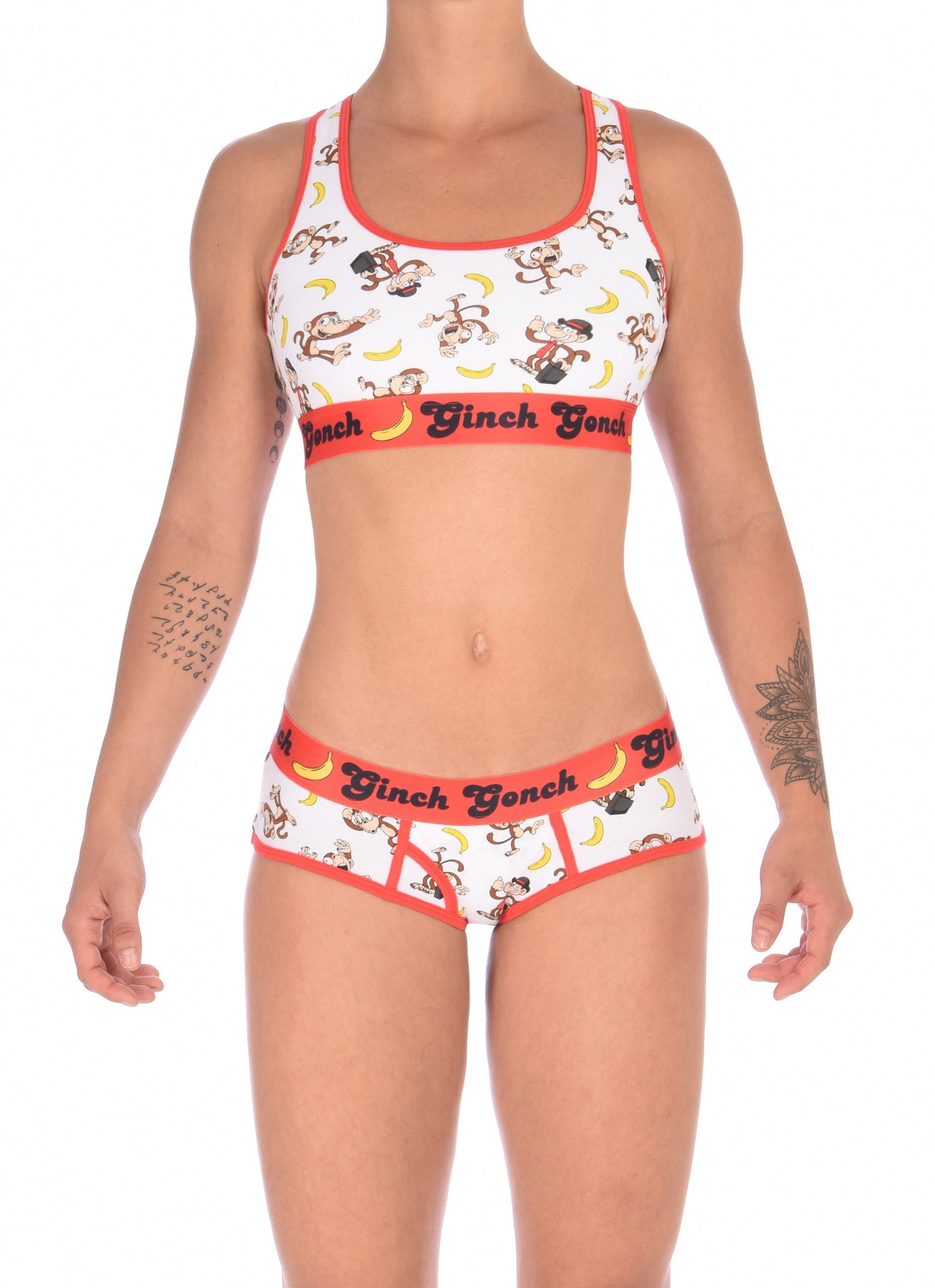 GG Ginch Gonch Gone Bananas boy cut Brief women's underwear y front white fabric with monkeys and bananas red trim and red printed waistband front shown with matching sports bra