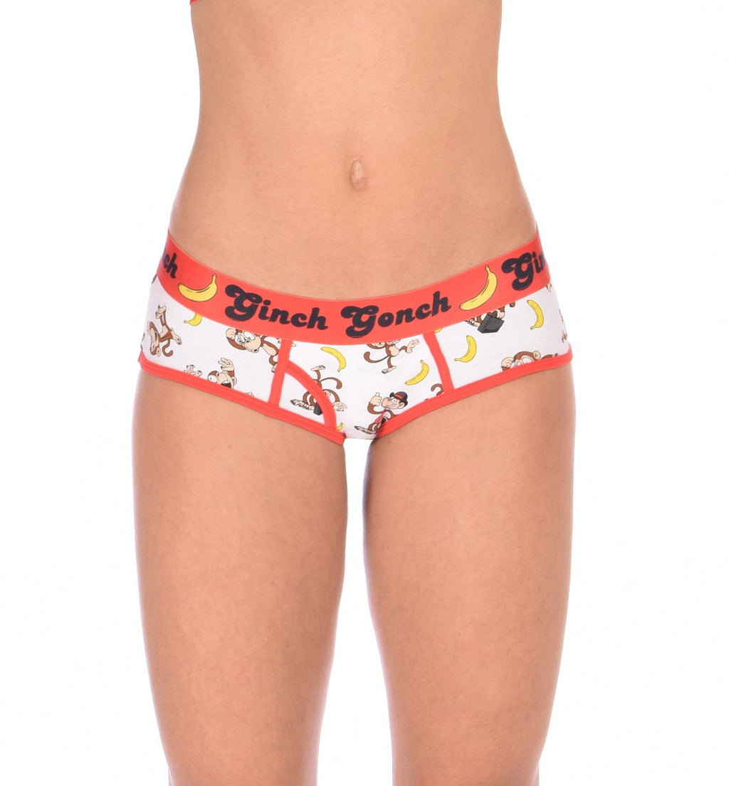 GG Ginch Gonch Gone Bananas boy cut Brief women's underwear y front white fabric with monkeys and bananas red trim and red printed waistband front