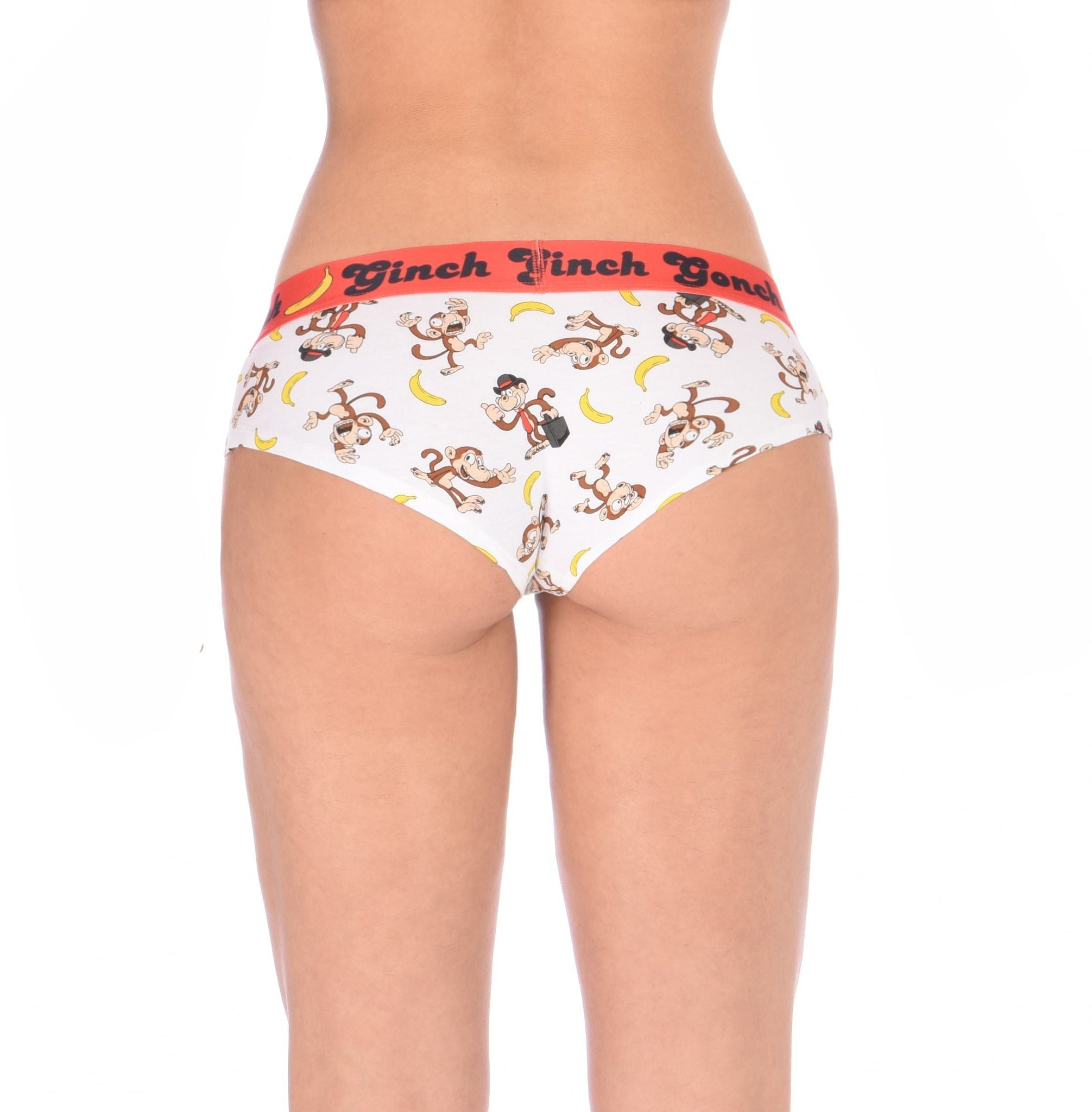 GG Ginch Gonch Gone Bananas cheeky gogo boy cut Brief women's underwear white fabric with monkeys and bananas red trim and red printed waistband back