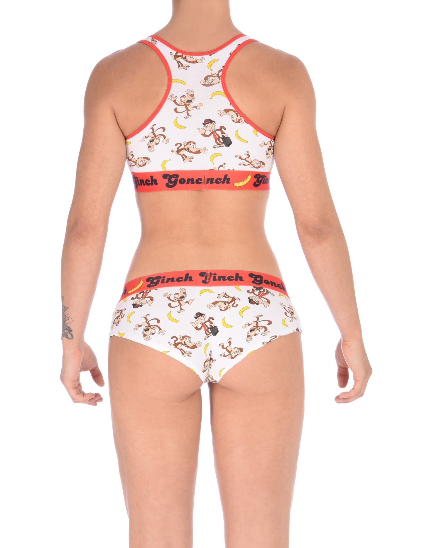 GG Ginch Gonch Gone Bananas cheeky gogo boy cut Brief women's underwear white fabric with monkeys and bananas red trim and red printed waistband back shown with matching sports bra