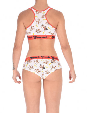 GG Ginch Gonch Gone Bananas cheeky gogo boy cut Brief women's underwear white fabric with monkeys and bananas red trim and red printed waistband back shown with matching sports bra