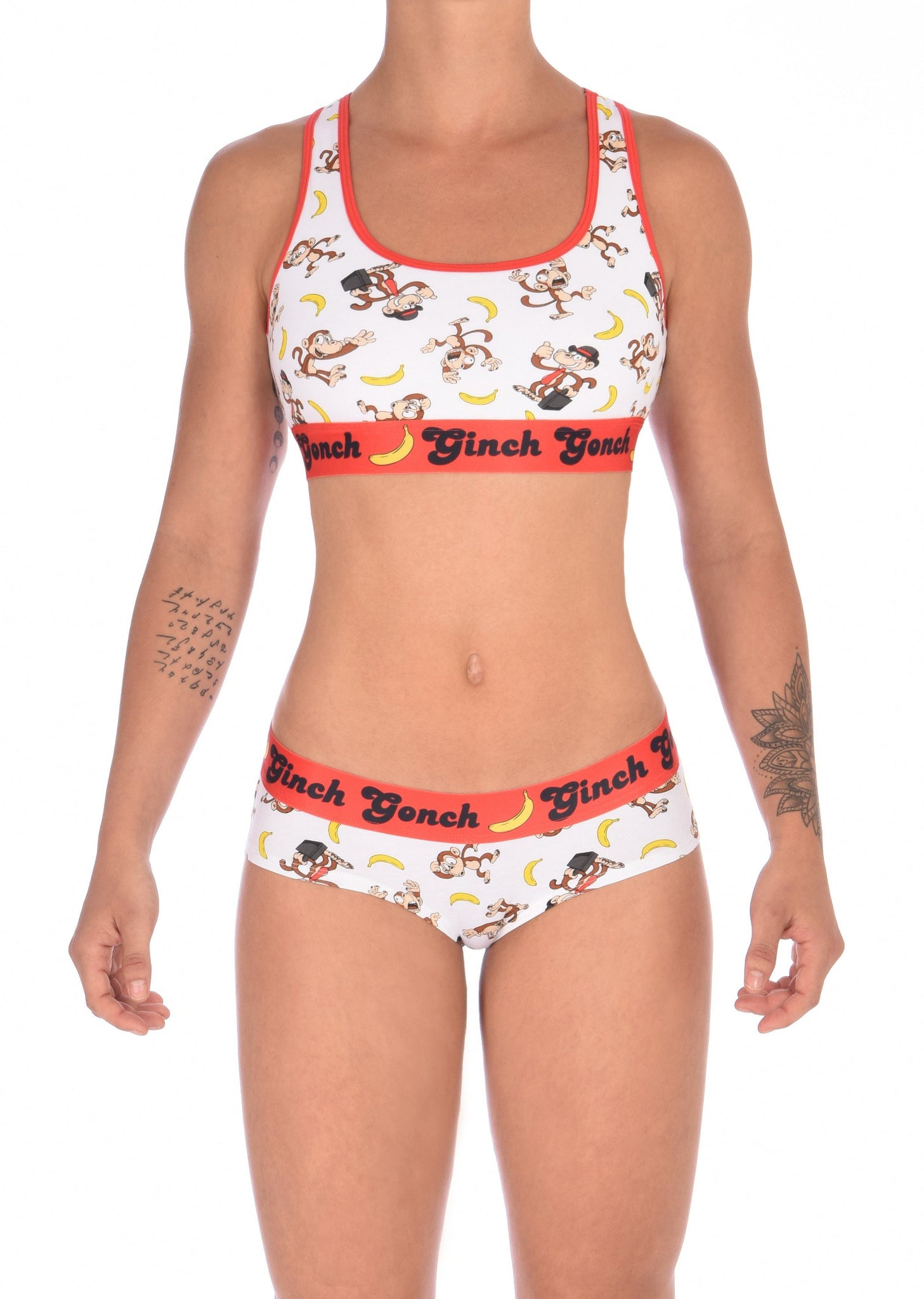 GG Ginch Gonch Gone Bananas cheeky gogo boy cut Brief women's underwear white fabric with monkeys and bananas red trim and red printed waistband front shown with matching sports bra