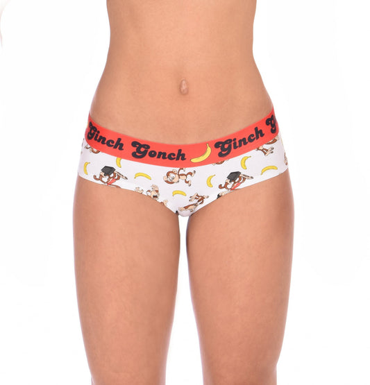GG Ginch Gonch Gone Bananas cheeky gogo boy cut Brief women's underwear white fabric with monkeys and bananas red trim and red printed waistband front