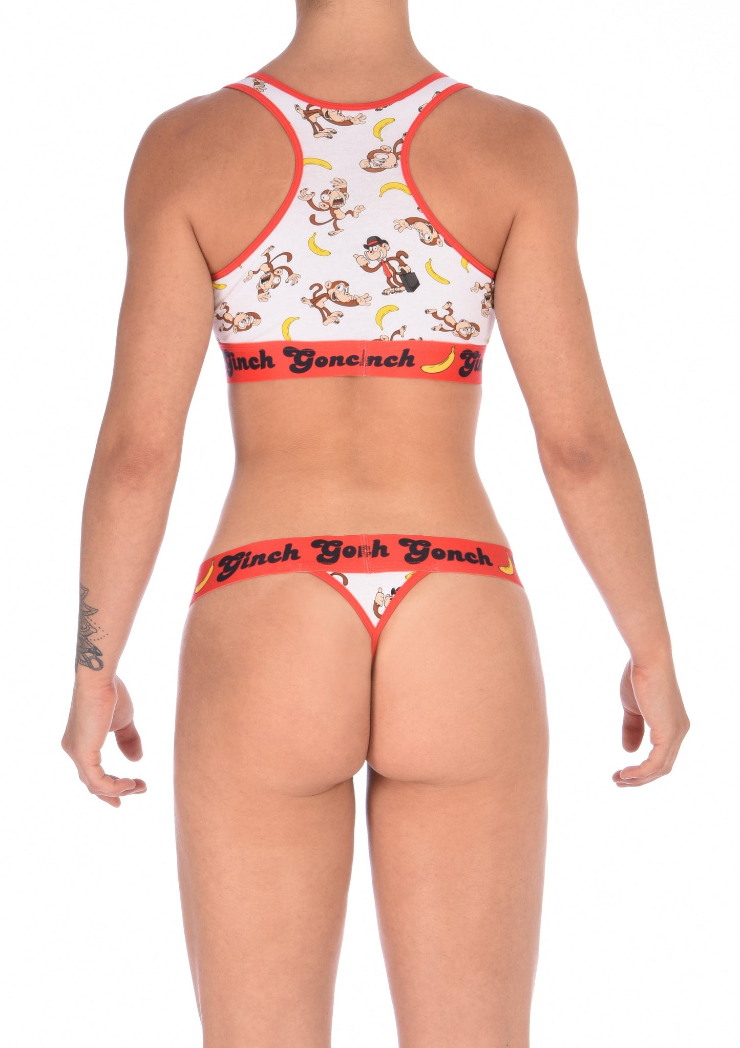 GG Ginch Gonch Gone Bananas thong women's underwear white fabric with monkeys and bananas red trim and red printed waistband back shown with matching sports bra