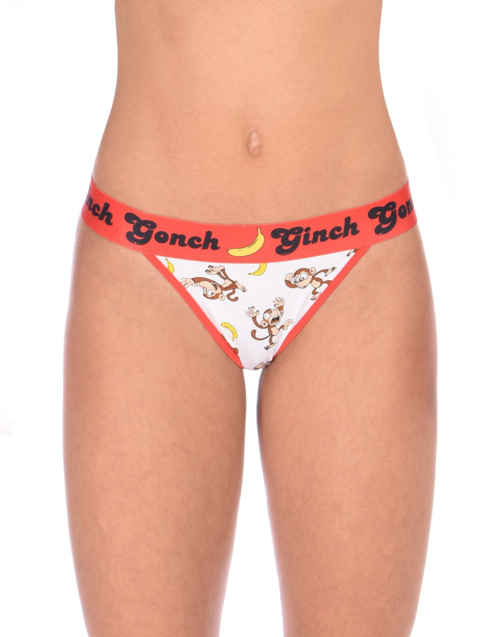 GG Ginch Gonch Gone Bananas thong women's underwear white fabric with monkeys and bananas red trim and red printed waistband front