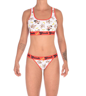 GG Ginch Gonch Gone Bananas thong women's underwear white fabric with monkeys and bananas red trim and red printed waistband front shown with matching sports bra