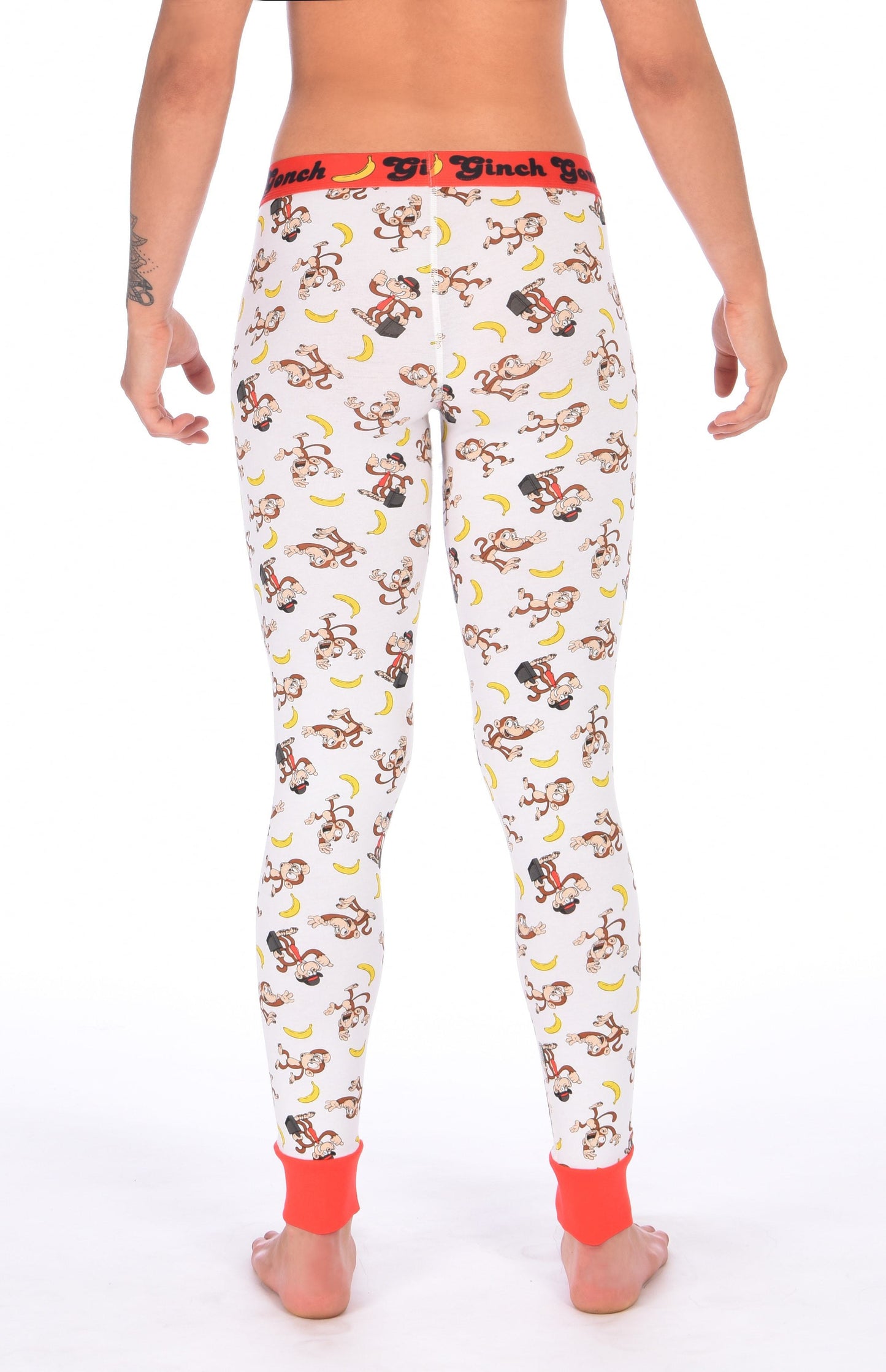 GG Ginch Gonch Gone Bananas leggings long johns men's long underwear white fabric with monkeys and bananas red trim and red printed waistband y front back