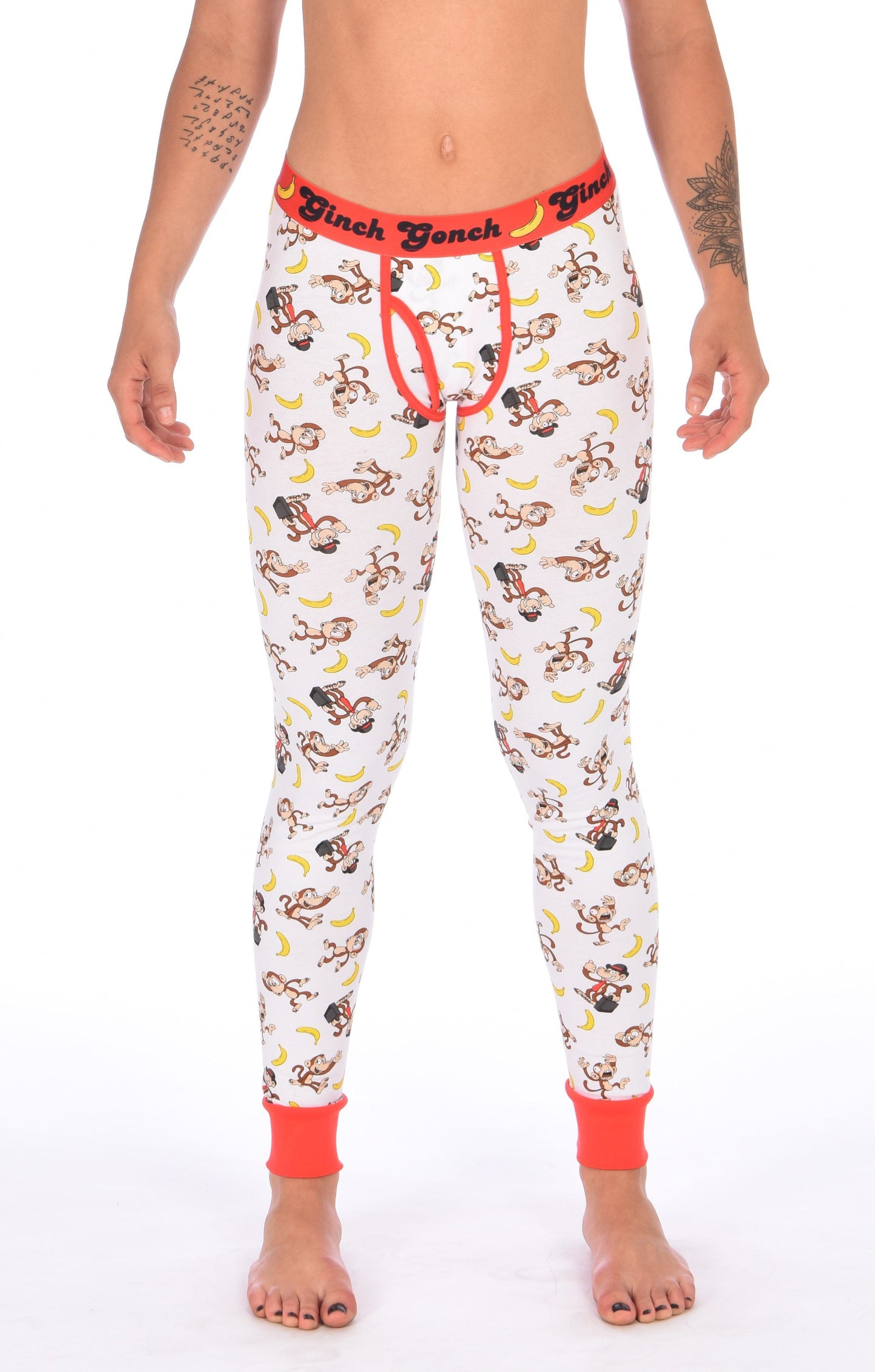 GG Ginch Gonch Gone Bananas leggings long johns men's long underwear white fabric with monkeys and bananas red trim and red printed waistband y front