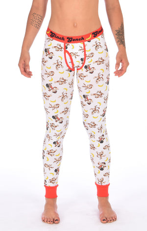 GG Ginch Gonch Gone Bananas leggings long johns men's long underwear white fabric with monkeys and bananas red trim and red printed waistband y front