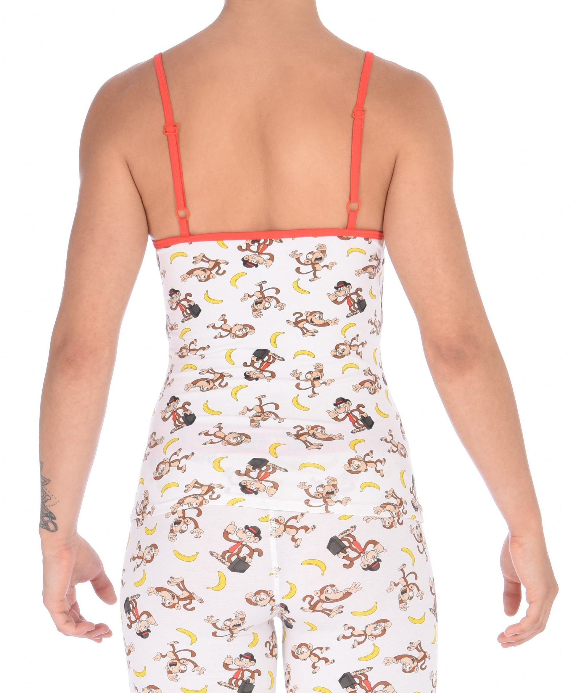 GG Ginch Gonch Gone Bananas cami camisole spaghetti strap women's long underwear white fabric with monkeys and bananas red trim back shown with matching leggings