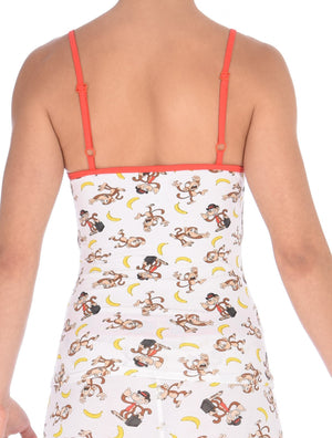 GG Ginch Gonch Gone Bananas cami camisole spaghetti strap women's long underwear white fabric with monkeys and bananas red trim back