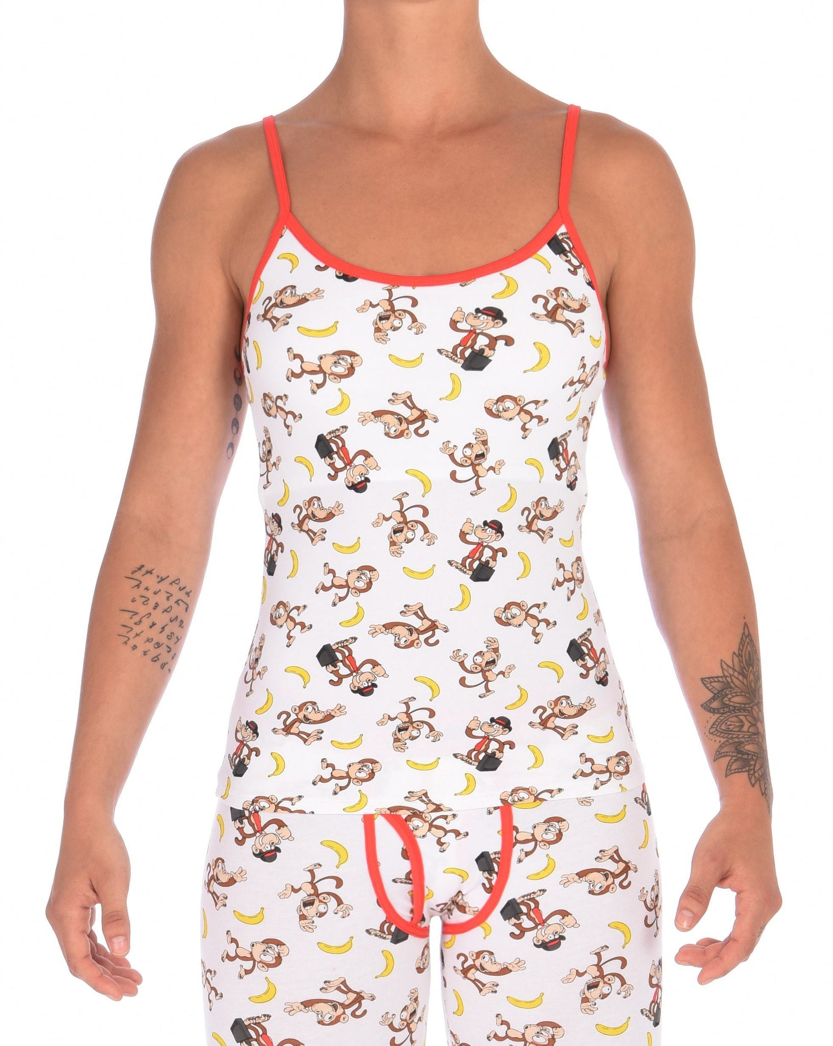 GG Ginch Gonch Gone Bananas cami camisole spaghetti strap women's long underwear white fabric with monkeys and bananas red trim front shown with matching y front leggings