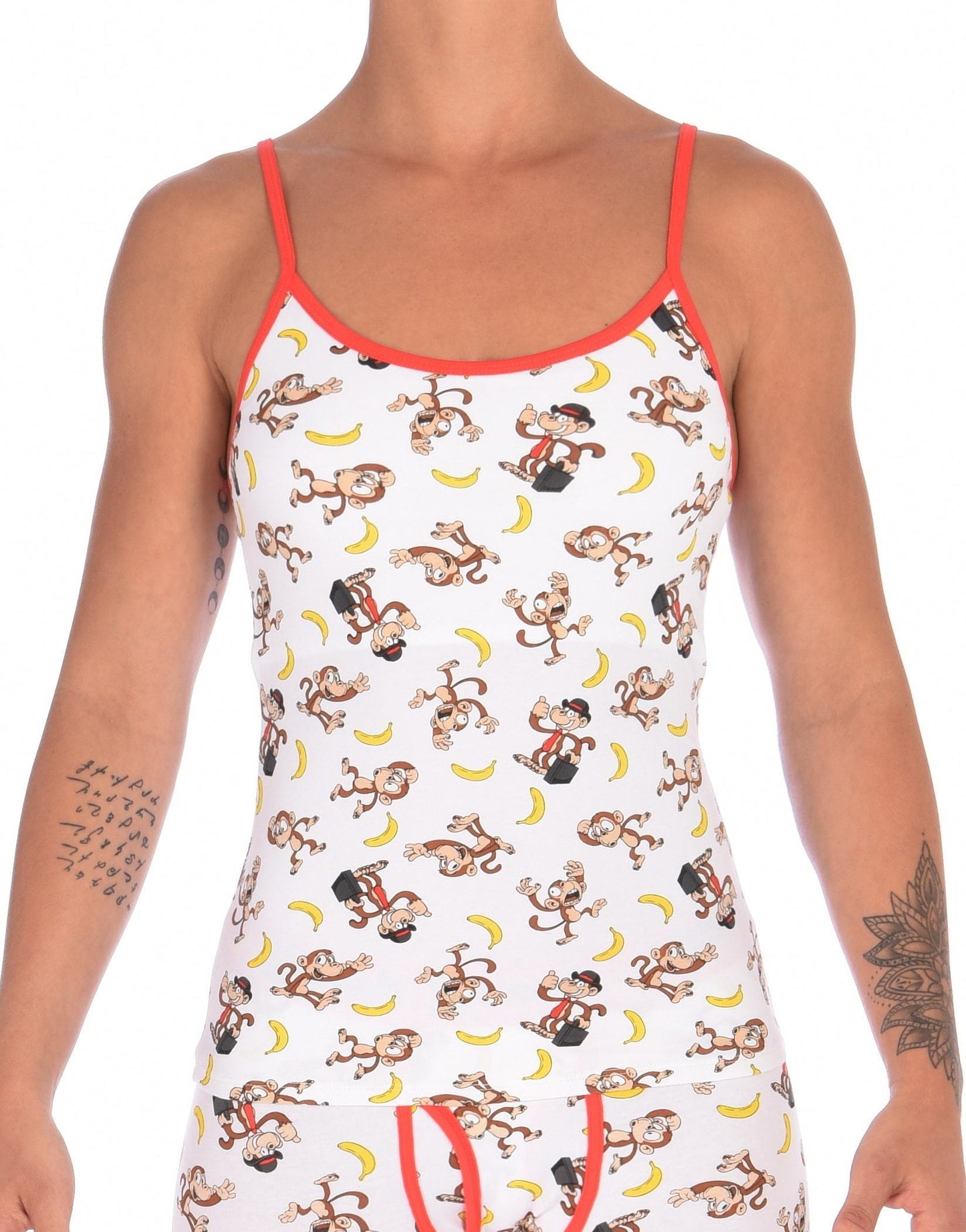 GG Ginch Gonch Gone Bananas cami camisole spaghetti strap women's long underwear white fabric with monkeys and bananas red trim front