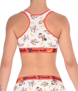 GG Ginch Gonch Gone Bananas sports bra women's underwear white fabric with monkeys and bananas red trim and printed band back
