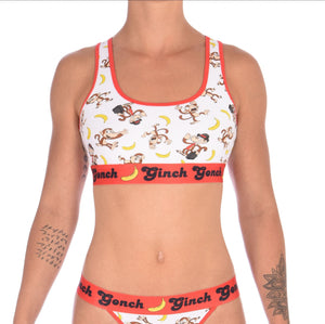GG Ginch Gonch Gone Bananas sports bra women's underwear white fabric with monkeys and bananas red trim front and printed band 