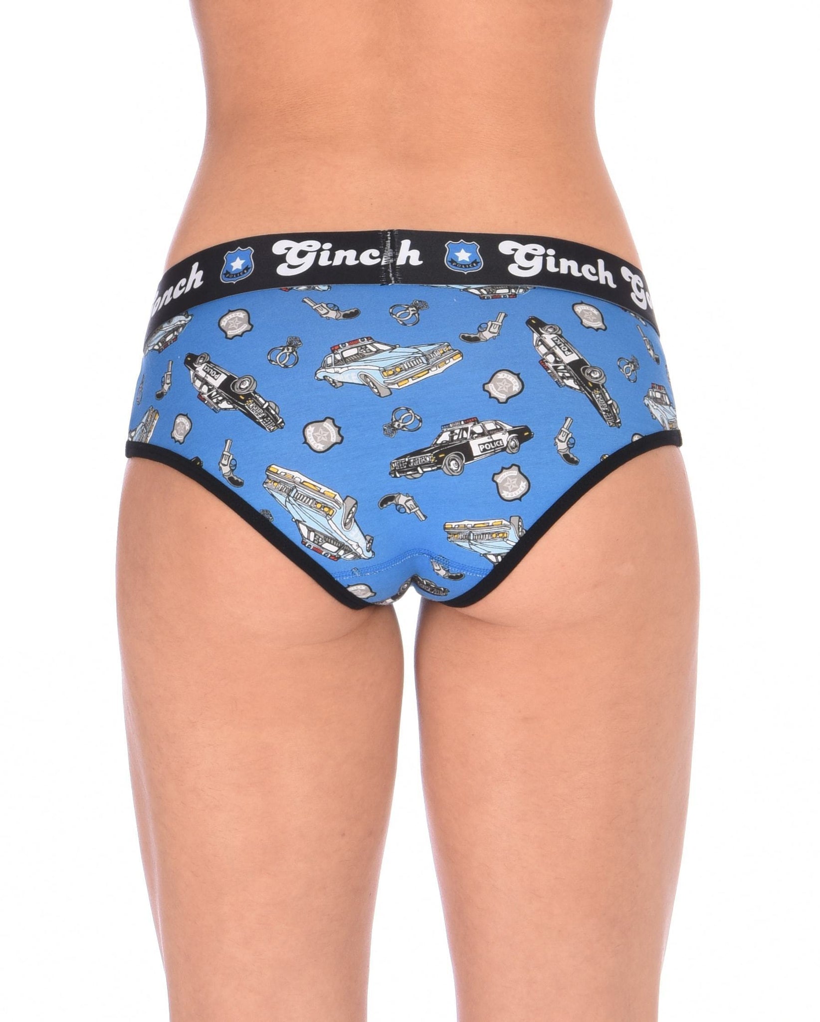 Ginch Gonch GG Patrol boy cut y front Brief women's underwear blue fabric with cop cars, badges, hand cuffs, and guns. Black trim and black printed waistband back