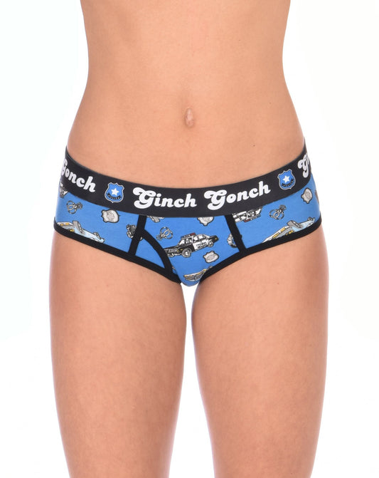 Ginch Gonch GG Patrol boy cut y front Brief women's underwear blue fabric with cop cars, badges, hand cuffs, and guns. Black trim and black printed waistband front. 