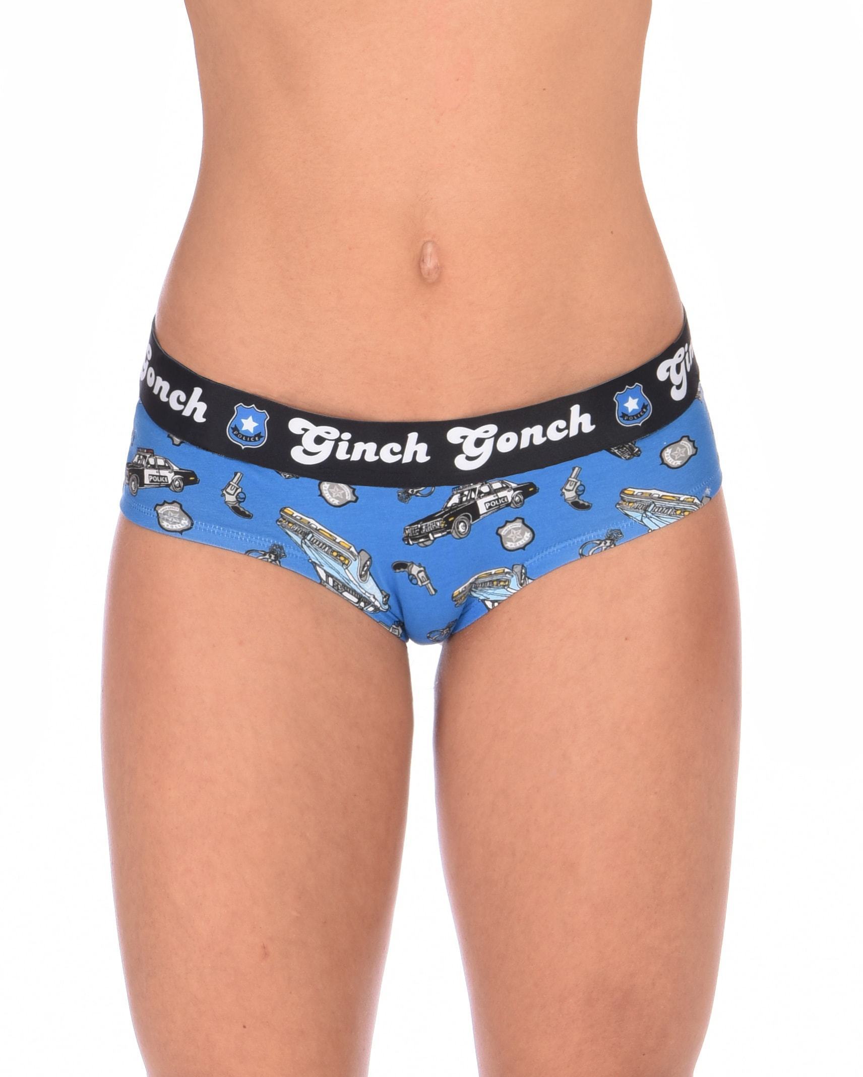 Ginch Gonch GG Patrol boy cut Brief women's underwear blue fabric with cop cars, badges, hand cuffs, and guns. Black trim and black printed waistband front. 
