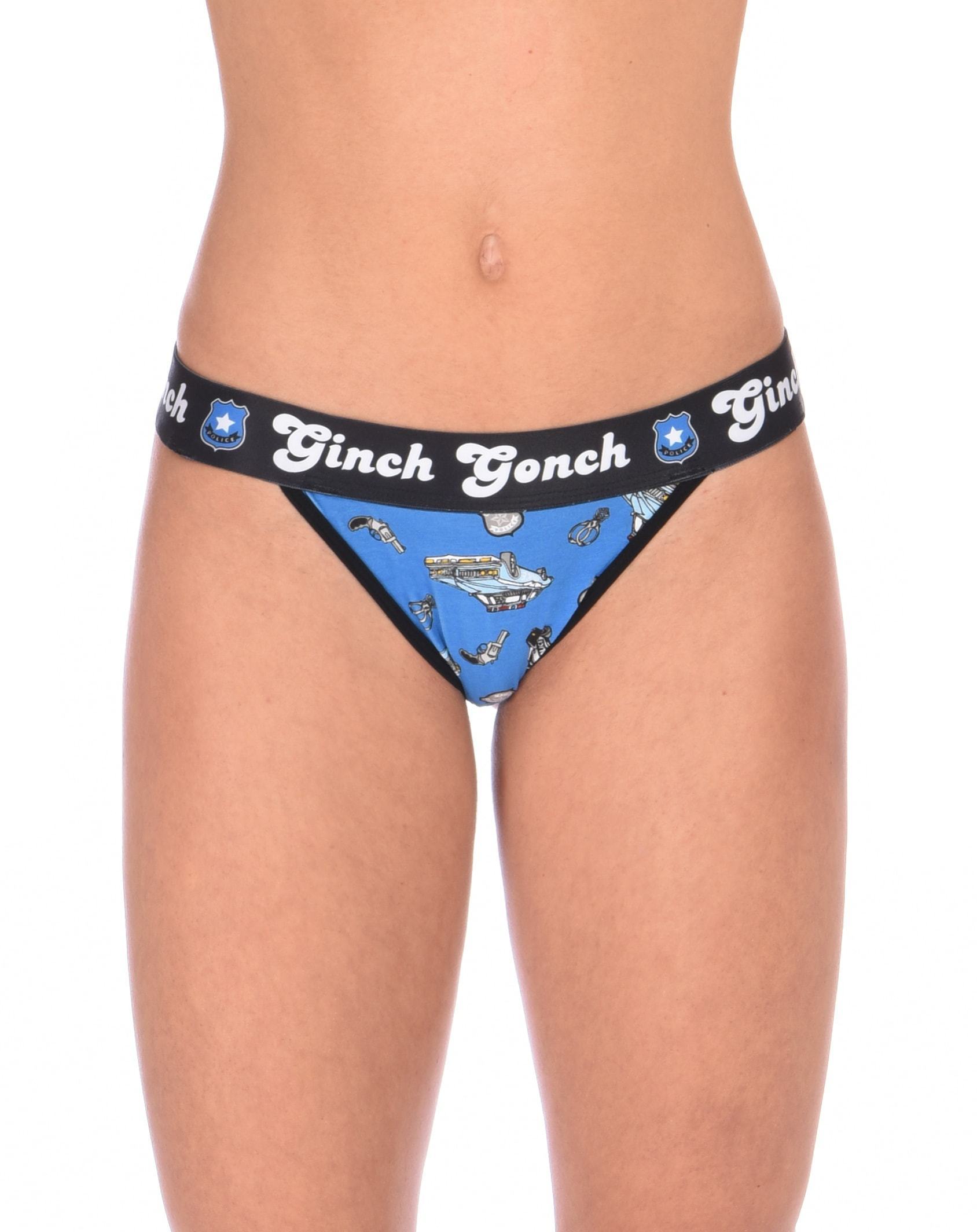 Ginch Gonch GG Patrol thong women's underwear blue fabric with cop cars, badges, hand cuffs, and guns. Black trim and black printed waistband front. 