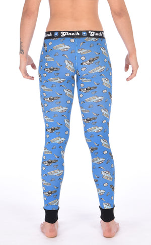 Ginch Gonch GG Patrol long john legging women's long underwear y front blue fabric with cop cars, badges, hand cuffs, and guns. Black trim and black printed waistband back