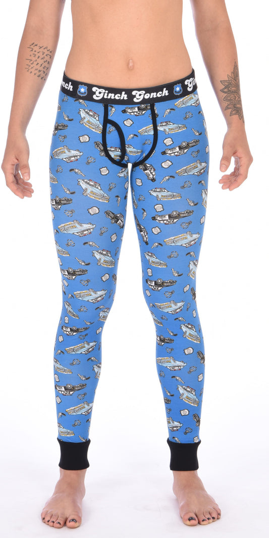 Ginch Gonch GG Patrol long john legging women's long underwear y front blue fabric with cop cars, badges, hand cuffs, and guns. Black trim and black printed waistband front. 