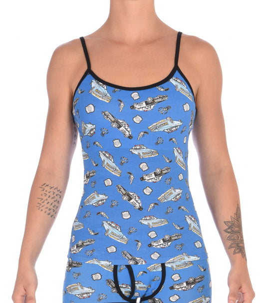 Ginch Gonch GG Patrol cami camisole spaghetti strap  women's underwear blue fabric with cop cars, badges, hand cuffs, and guns. Black trim front.