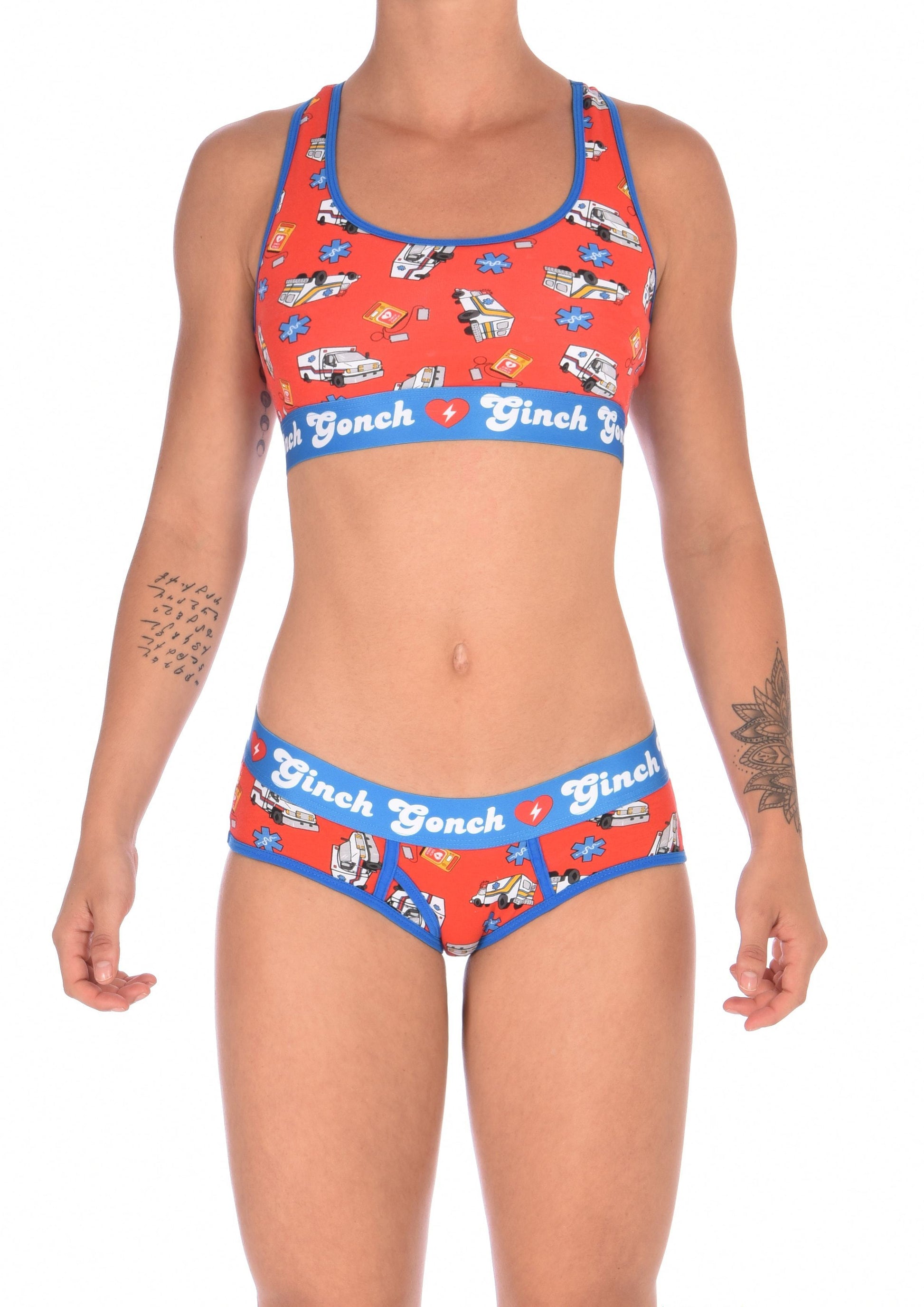 Ginch Gonch GG EMT boy cut Brief women's ambulance print with medical symbol and equipment on red background with blue trim and printed waistband front shown with matching sports bra