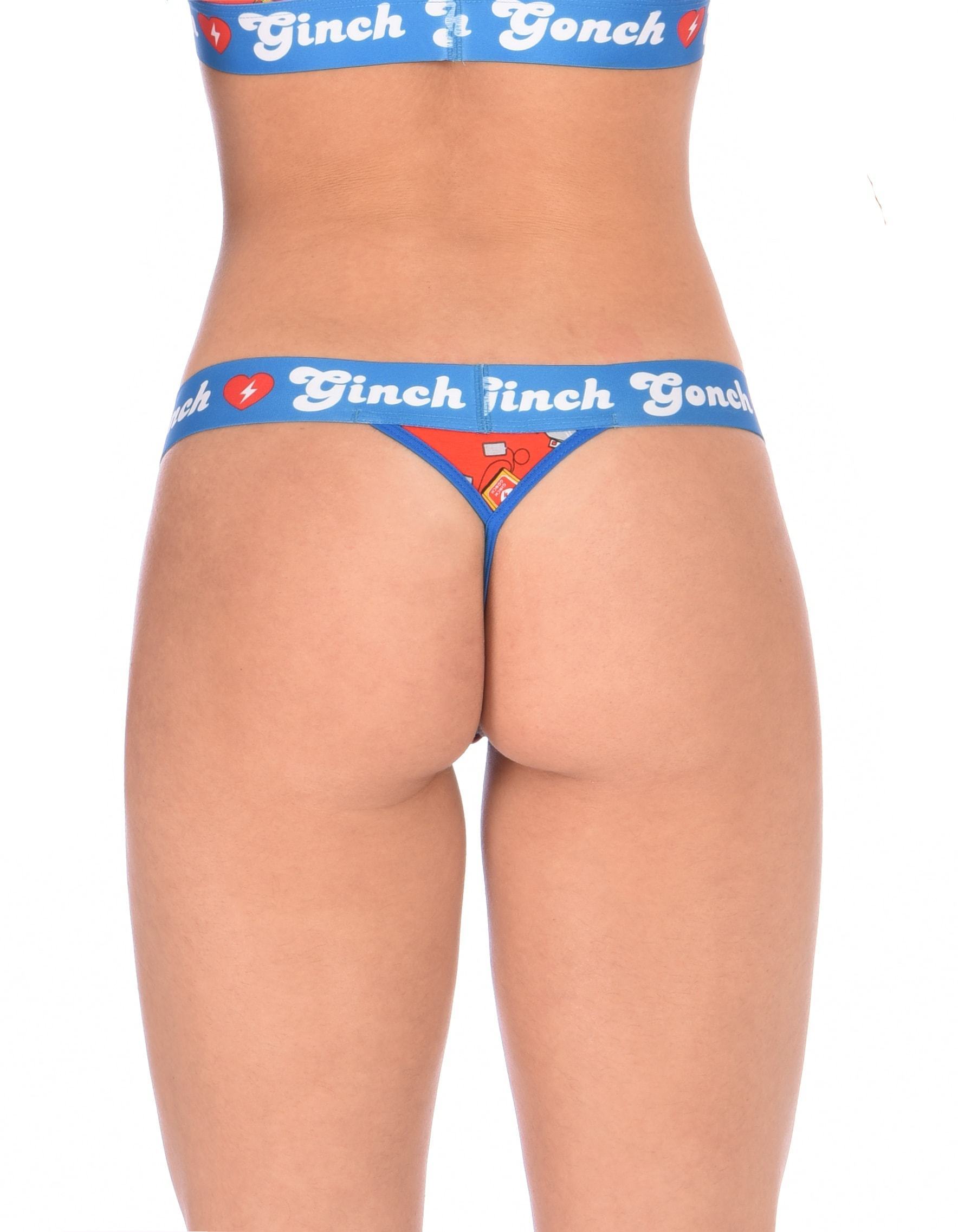 Ginch Gonch GG EMT thong women's ambulance print with medical symbol and equipment on red background with blue trim and printed waistband back